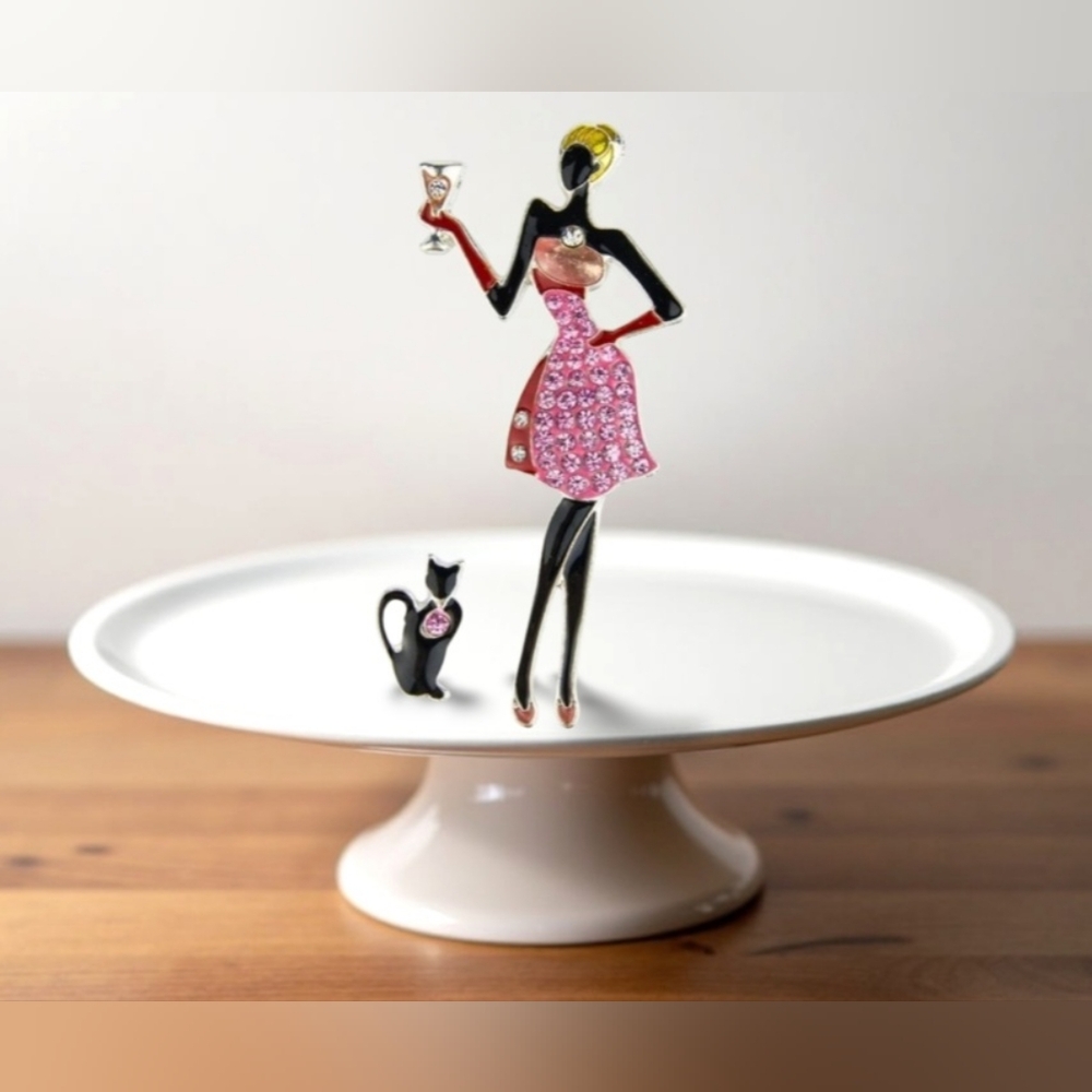 Martini Retro 3D Lady and Black Cat Rhinestone Cabachon Deco